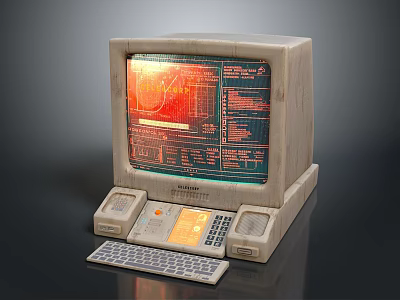 Vintage Retro Computer With Large Screen Monitor Red Green Interface Data Charts Keyboard Control Panels 3d model