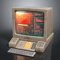 Vintage Retro Computer With Large Screen Monitor Red Green Interface Data Charts Keyboard Control Panels