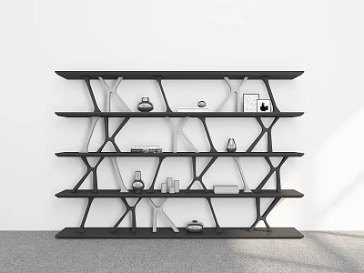 Modern Minimalist Black Geometric Shelving Unit With Multiple Shelves And Decorative Items 3d model