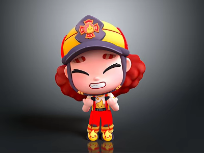 Cartoon Firefighter Character With Red Curly Hair Firefighter Helmet Red Uniform And Yellow Boots 3d model
