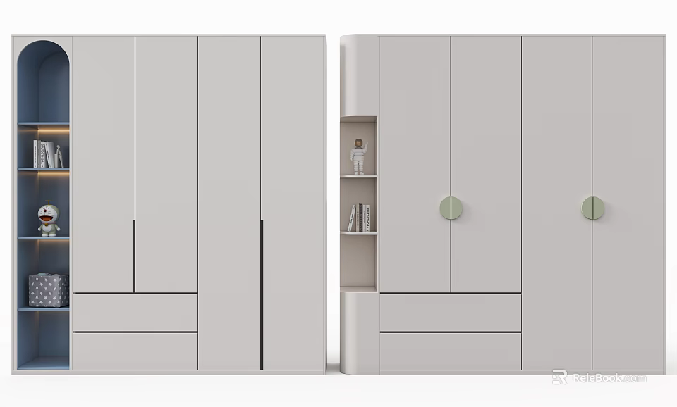 Modern Wardrobe Design With Light Gray Cabinet Doors Drawers Open Shelf And Round Green Handles 3d model 
