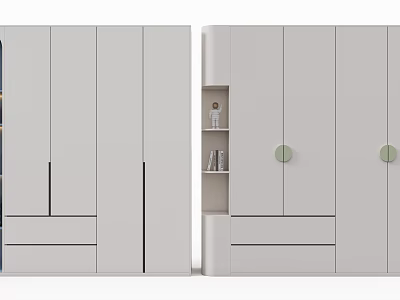 Modern Wardrobe Design With Light Gray Cabinet Doors Drawers Open Shelf And Round Green Handles 3d model