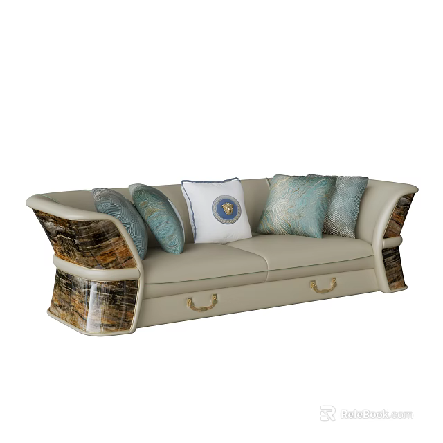 Beige Three Seater Sofa With Woven Armrests And Multiple Blue Patterned Cushions 3d model 