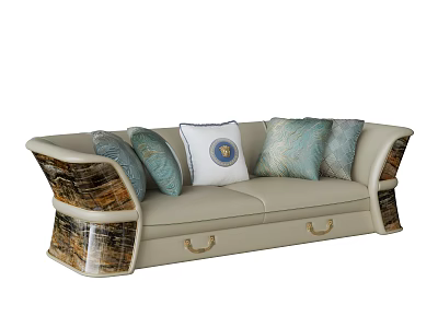 Beige Three Seater Sofa With Woven Armrests And Multiple Blue Patterned Cushions 3d model