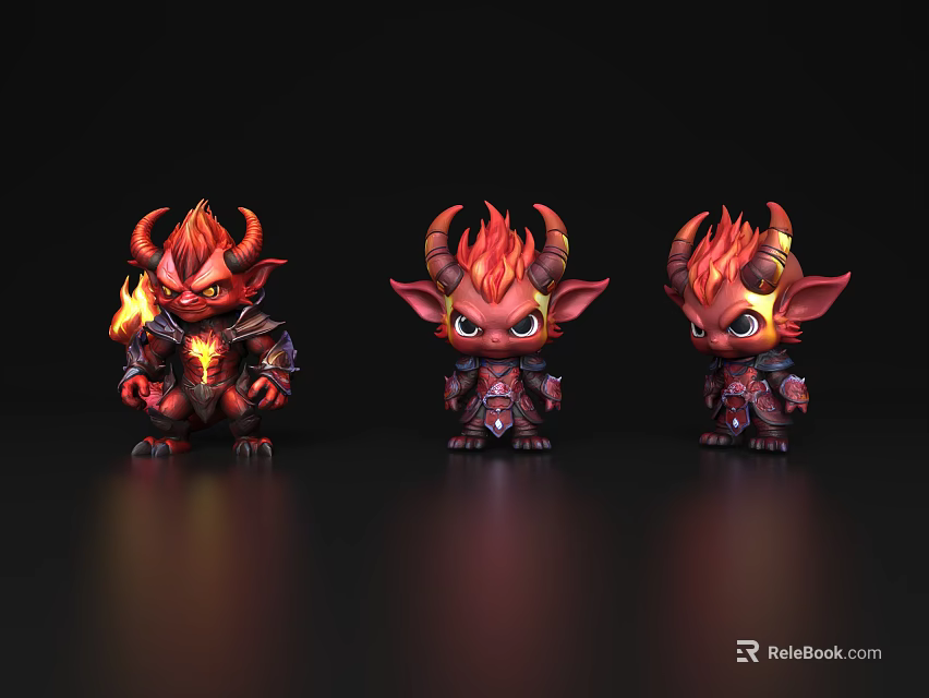Three Cute Red Demon Game Characters With Flaming Horns And Different Poses 3d model 