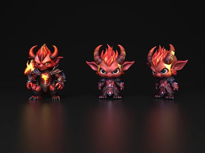 Three Cute Red Demon Game Characters With Flaming Horns And Different Poses 3d model