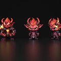 Three Cute Red Demon Game Characters With Flaming Horns And Different Poses