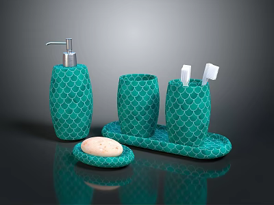 Modern Bathroom Interior With Green Fish Scale Pattern Accessories Soap Dispenser Toothbrush Holder And Tray 3d model