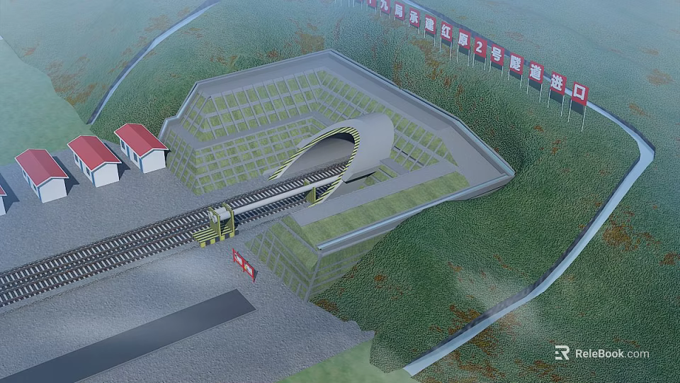 Modern Road Infrastructure With Railway Tunnel Green Vegetation And Red Roof Buildings 3d model 