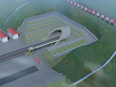 Modern Road Infrastructure With Railway Tunnel Green Vegetation And Red Roof Buildings 3d model