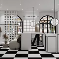 Elegant Modern Boutique Store With Arched Doorways Round Pendant Lights Sofa Display Shelves Checkered Floor