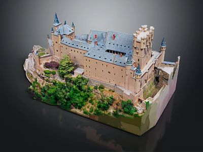 Ancient Architecture Medieval Castle Model with Spires Gray Roof and Green Vegetation on Rock Base 3d model