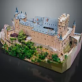 Ancient Architecture Medieval Castle Model with Spires Gray Roof and Green Vegetation on Rock Base