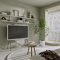 Modern Living and Dining Area Featuring Light Green Cabinets White Bean Bag Sofa and Pendant Lights