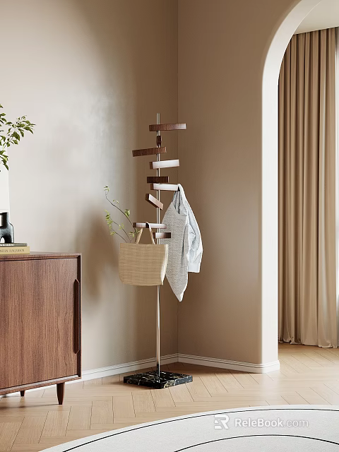 Modern Wooden Coat Rack With Gray Coat Woven Basket Green Plant Beige Wall Curtain 3d model 
