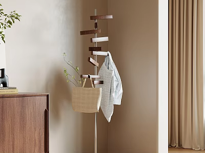 Modern Wooden Coat Rack With Gray Coat Woven Basket Green Plant Beige Wall Curtain 3d model