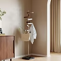 Modern Wooden Coat Rack With Gray Coat Woven Basket Green Plant Beige Wall Curtain
