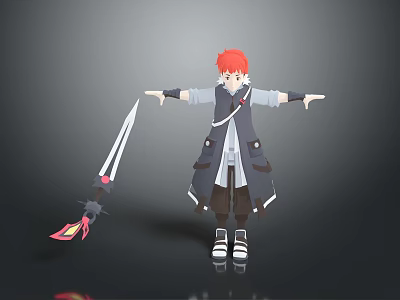 Game Movie Character With Red Hair Wearing Long Dark Coat Holding Sword Arms Outstretched 3d model