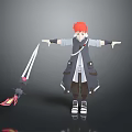 Game Movie Character With Red Hair Wearing Long Dark Coat Holding Sword Arms Outstretched