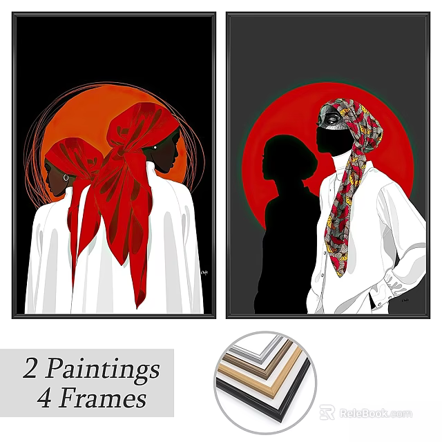 Decorative Framed 2 Paintings With Figurative Art And Striped Frame Design 3d model 
