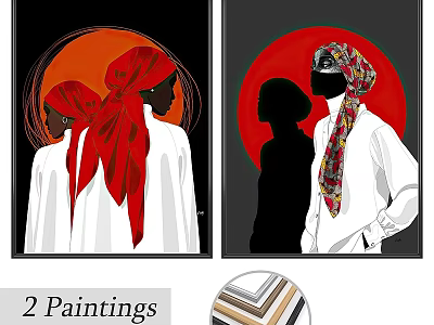 Decorative Framed 2 Paintings With Figurative Art And Striped Frame Design 3d model