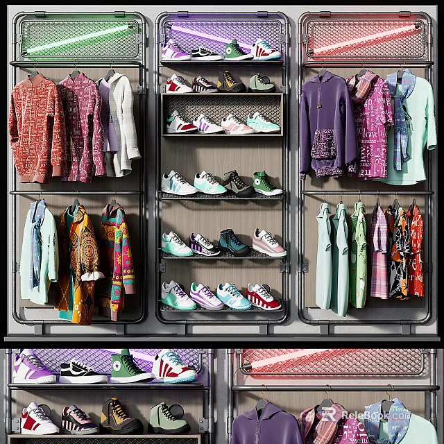 Fashionable Clothing Store With Hanging Various Clothes And Shoes On Shelves And Racks 3d model 