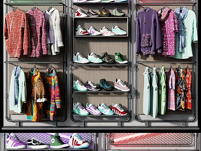Fashionable Clothing Store With Hanging Various Clothes And Shoes On Shelves And Racks 3d model