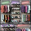 Fashionable Clothing Store With Hanging Various Clothes And Shoes On Shelves And Racks