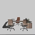Modern Office Desk Setup With Three Chairs Laptop Coffee Cup And Decorative Vase