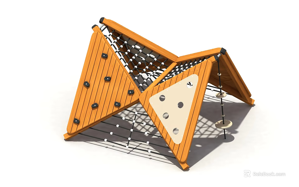 Wooden Triangular Playground Climbing Equipment With Climbing Points And Ropes 3d model 