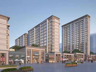 Dusk along the modern commercial street 3d model