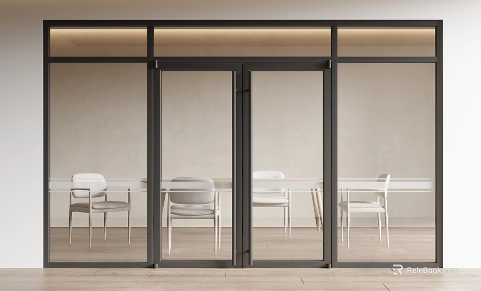 Modern Interior Space With Glass Doors White Chairs And Wooden Table 3d model 