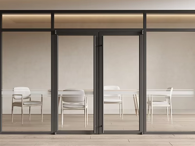 Modern Interior Space With Glass Doors White Chairs And Wooden Table 3d model