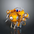 Yellow Mechanical Robot Creature With Circular Propellers Red Blue Lights Antenna And Complex Metallic Structure 3d model