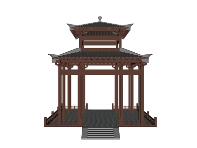 Traditional Chinese Wooden Pavilion With Multi layered Roof Eaves And Stone Steps Railings 3d model