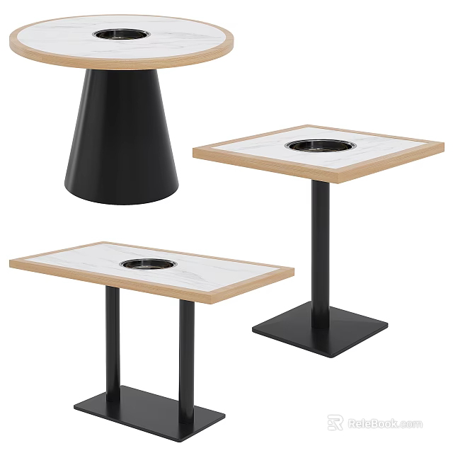Modern Square And Round Dining Tables With Wooden Frames White Tabletops And Black Bases 3d model 