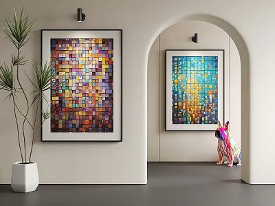 Colorful Mosaic Paintings Hanging On Walls With White Potted Plant And Person In Archway 3d model