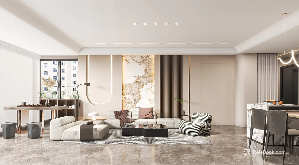 Elegant Modern Living Dining Room Interior With Sofa Coffee Table And Marble Decorative Wall 3d model