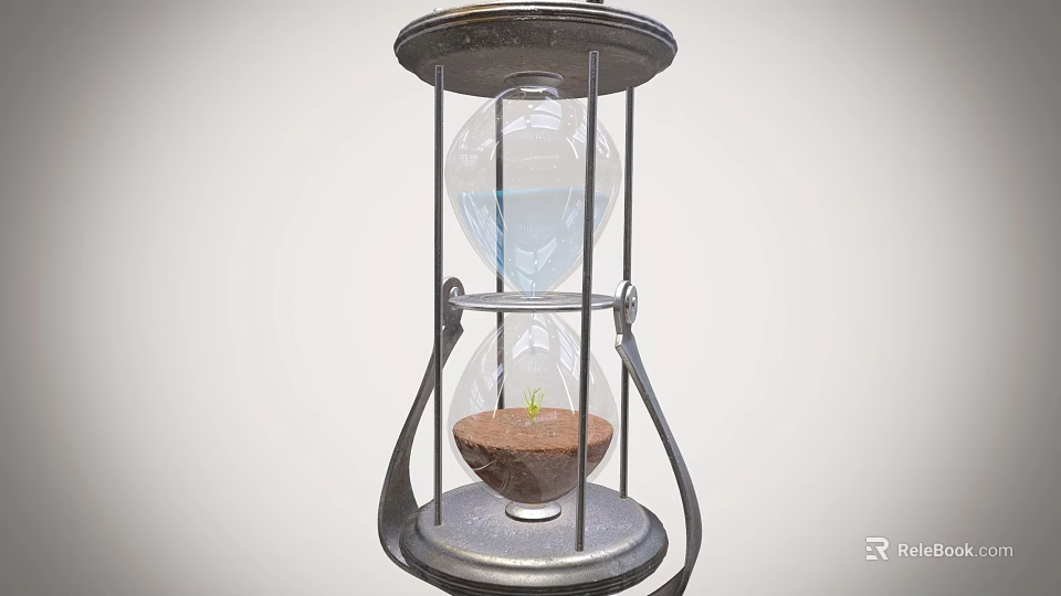 Hourglass Shaped Decorative Ornament Set With Metal Frame Transparent Glass Water Soil And Small Sprout 3d model 