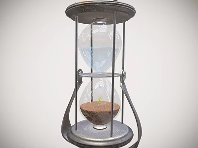 Hourglass Shaped Decorative Ornament Set With Metal Frame Transparent Glass Water Soil And Small Sprout 3d model