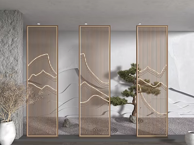 Modern Room Dividers With Mountain Pattern In Zen Inspired Interior Design 3d model