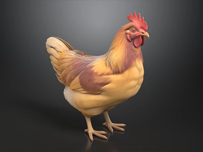 Realistic Rooster With Red Comb And Yellow Brown Feathers Standing On Dark Background 3d model