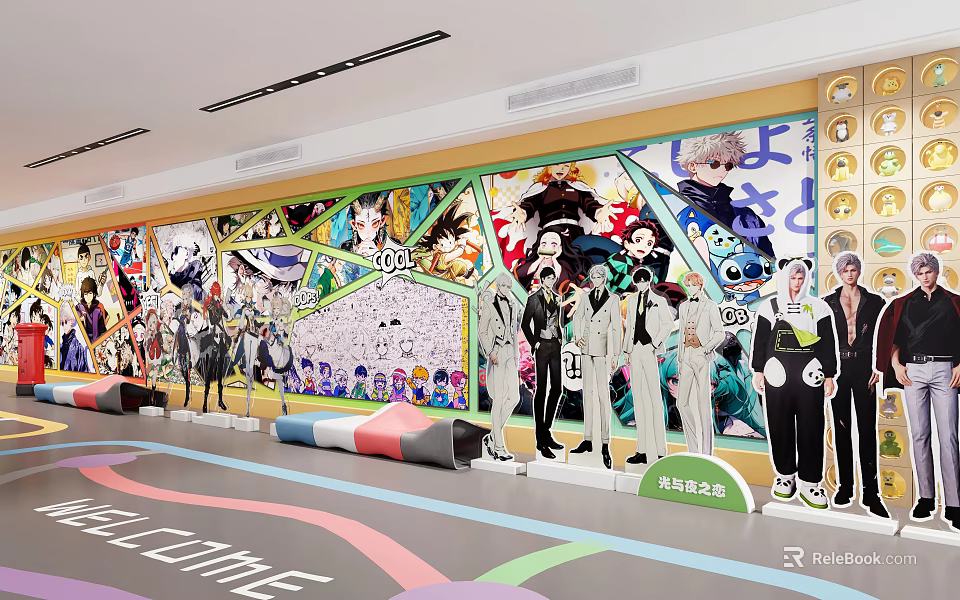Open Interactive Zone With Anime Character Posters And Colorful Floor Design 3d model 