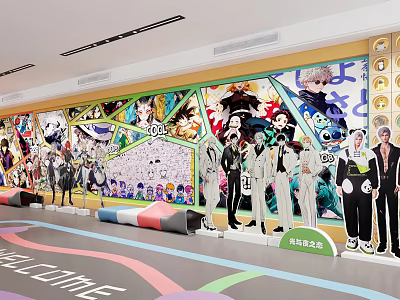 Open Interactive Zone With Anime Character Posters And Colorful Floor Design 3d model