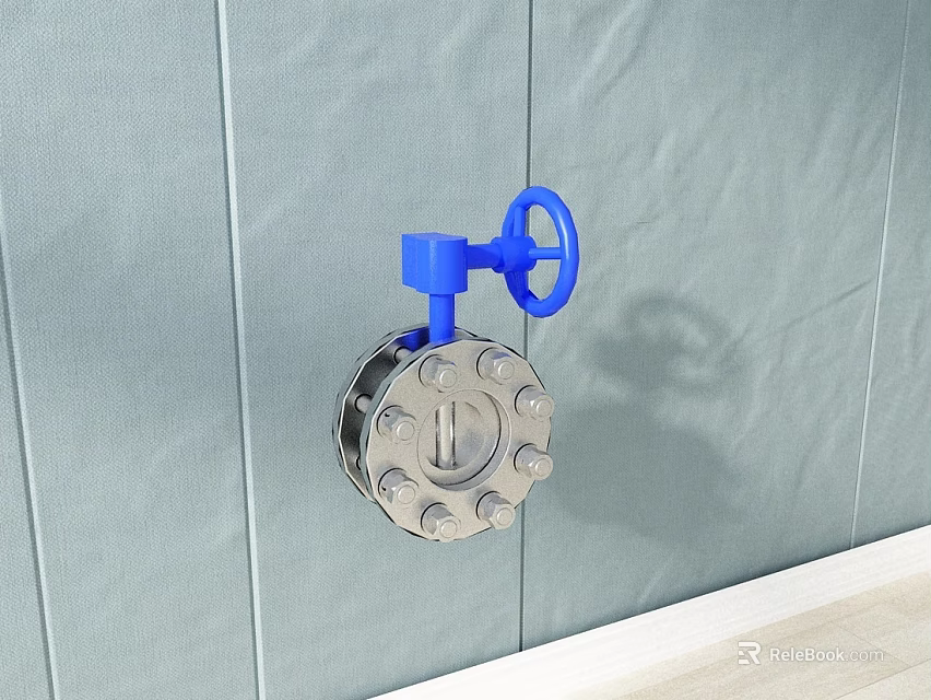 Heavy Duty Industrial Valve With Blue Handle And Metal Body Mounted On Gray Wall 3d model 