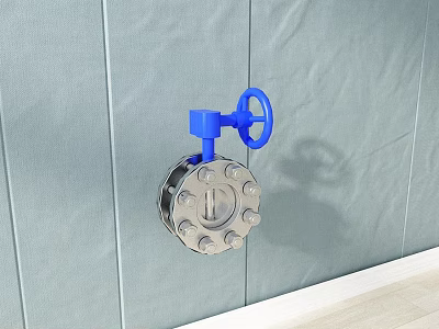 Heavy Duty Industrial Valve With Blue Handle And Metal Body Mounted On Gray Wall 3d model