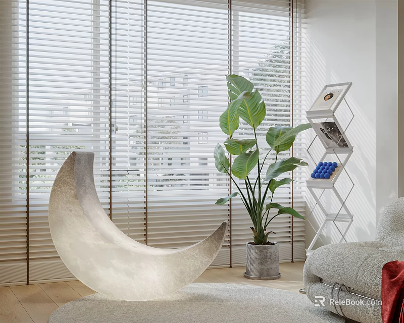 Moon Shaped Decorative Lamp in Bright Living Room with Green Plant Window Blinds and Sofa 3d model 