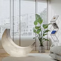 Moon Shaped Decorative Lamp in Bright Living Room with Green Plant Window Blinds and Sofa