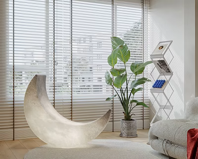 Moon Shaped Decorative Lamp in Bright Living Room with Green Plant Window Blinds and Sofa 3d model
