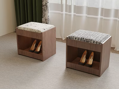 Modern Wooden Storage Stools with Patterned Fabric Seats for Shoe Storage in Home Entryway 3d model